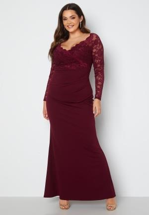 Goddiva Curve Long Sleeve Lace Trim Maxi Dress Dark Wine 44 (UK16)