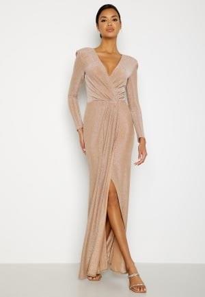 Goddiva Long Sleeve Glitter Maxi Dress Nude L (UK14)
