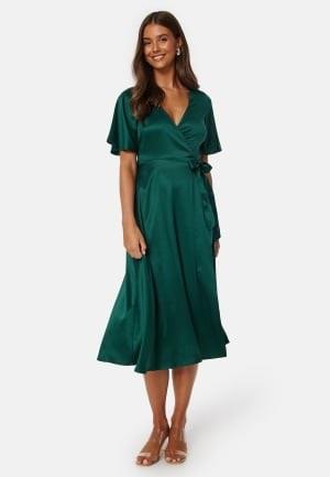 Bubbleroom Occasion Butterfly Sleeve Wrap Satin Dress Dark green 38