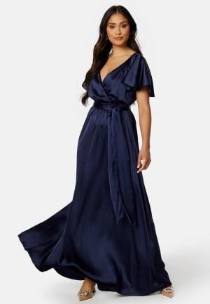 Goddiva Flutter Sleeve Satin Maxi Dress Navy XXS (UK6)