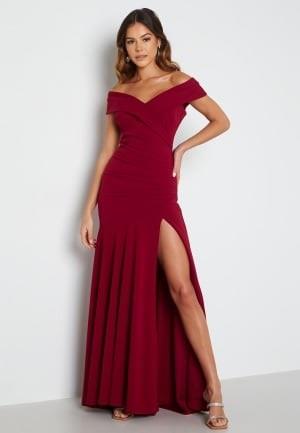 Goddiva Bardot Pleat Maxi Split Dress Wine-red XXL (UK18)