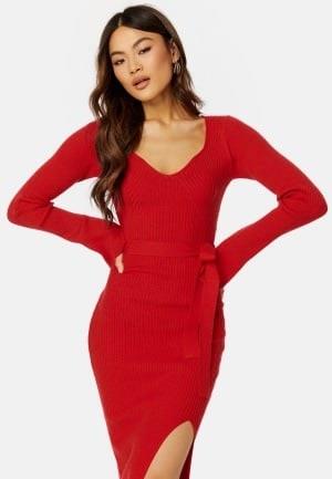 BUBBLEROOM Slit Knitted Midi Dress Red S