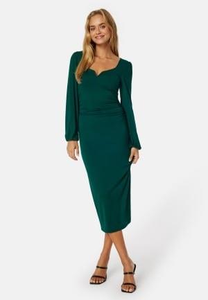 BUBBLEROOM Square V-neck Puff Sleeve Midi Dress Dark green XL