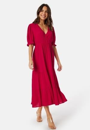 BUBBLEROOM Puff Sleeve Viscose Dress Red L