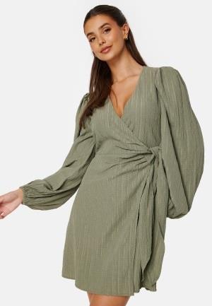 BUBBLEROOM Balloon Sleeve Structured Wrap Dress Khaki green M