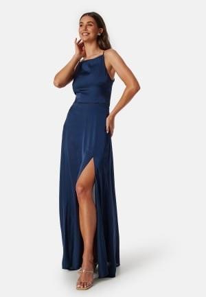 Bubbleroom Occasion Drapy-Back Slit Satin Gown Navy 42