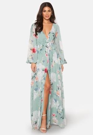 Goddiva Floral Long Sleeve Chiffon Maxi Dress Green XL (UK16)