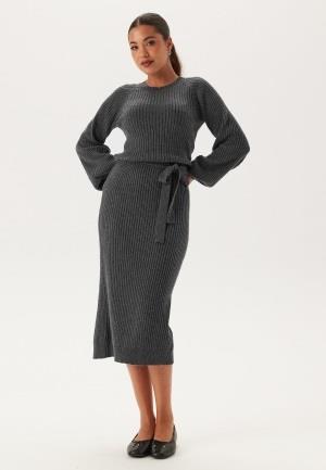 BUBBLEROOM Round Neck Rib Knitted Midi Dress  Dark grey melange L