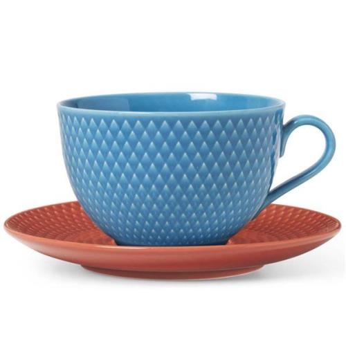 Lyngby Porcelæn - Rhombe Color Tekopp m Fat 39 cl Blå/Terracotta