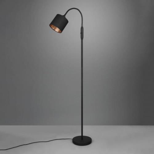 Reality Leuchten Tommy golvlampa, svart/guld, höjd 130 cm, metall/väv