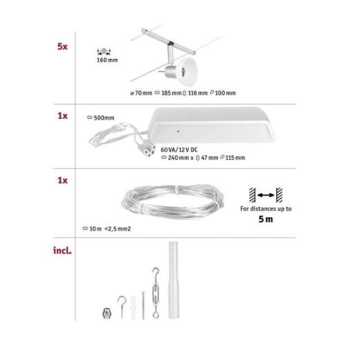 Paulmann Wire Sheela vajersystem 5 lampor 5 m krom