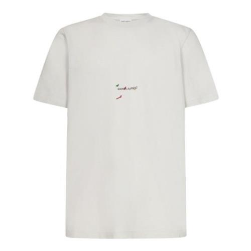 Saint Laurent Off-White Crewneck T-shirt med Konstnärligt Logotyp Whit...