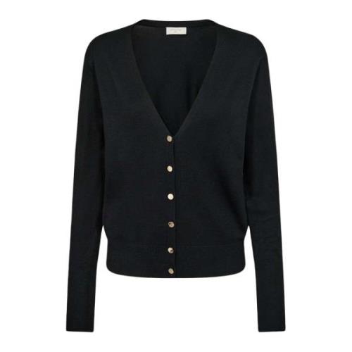 Freequent Feminin Cardigan med V-Hals och Guldknappar Black, Dam