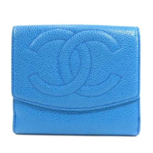Chanel Vintage Begagnad Blå Läderplånbok Blue, Dam