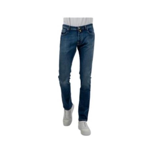 Jacob Cohën Slim-fit Sliten Marinblå Jeans med Gul Patch Blue, Herr
