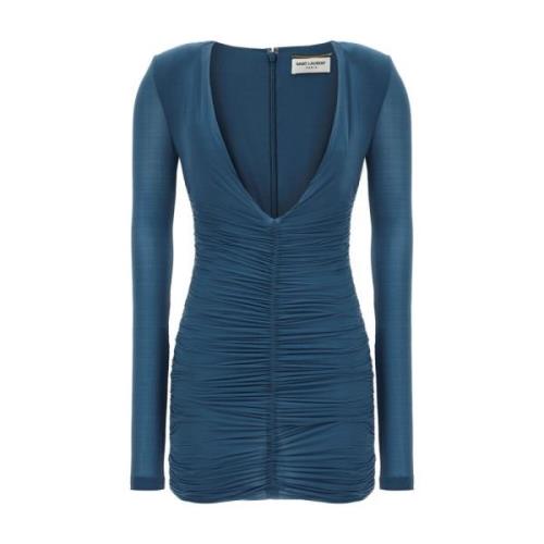 Saint Laurent Cupro Jersey V-Hals Klänning Blue, Dam