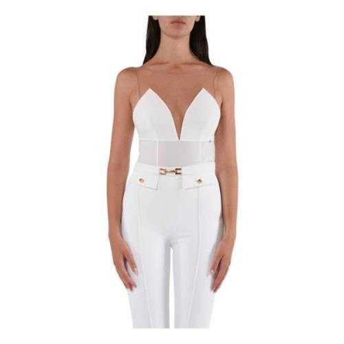 Elisabetta Franchi Jersey Body med Djup Halsringning och Tulle Detalj ...