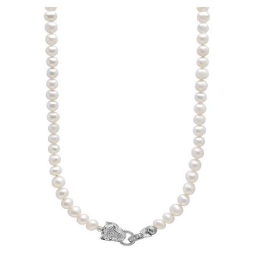 Nialaya White Pearl Necklace with Silver Panther Head Lock White, Herr