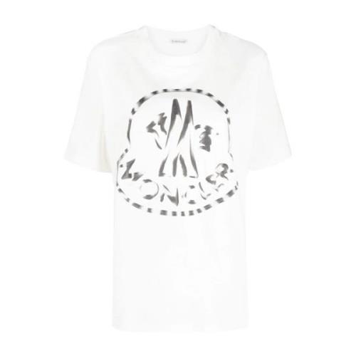 Moncler Vit ribbstickad T-shirt med rund hals för kvinnor White, Dam