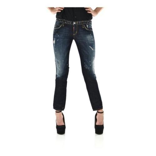 Dsquared2 Slim-fit blå denim jeans med vintage målning och vit läder p...