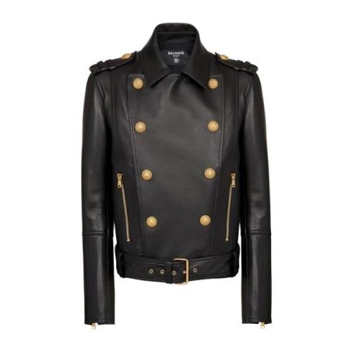 Balmain Double-breasted buttoned leather biker jacket Black, Herr