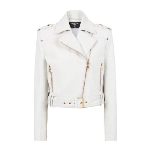 Balmain Cropped leather biker jacket White, Dam