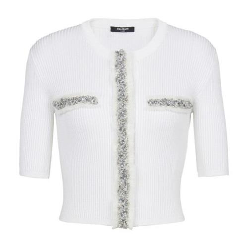 Balmain Embroidered cropped knit cardigan White, Dam