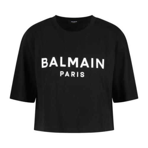 Balmain Logo Print Crop T-Shirt Black, Dam