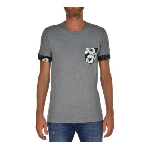 Dolce & Gabbana Grå Herr T-shirt i Bomull med Blommig Ficka Gray, Herr
