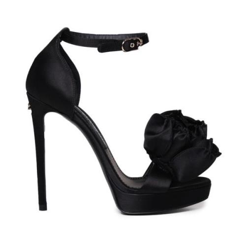 Dolce & Gabbana Svarta Satinplattformssandaler med Blomdetalj Black, D...