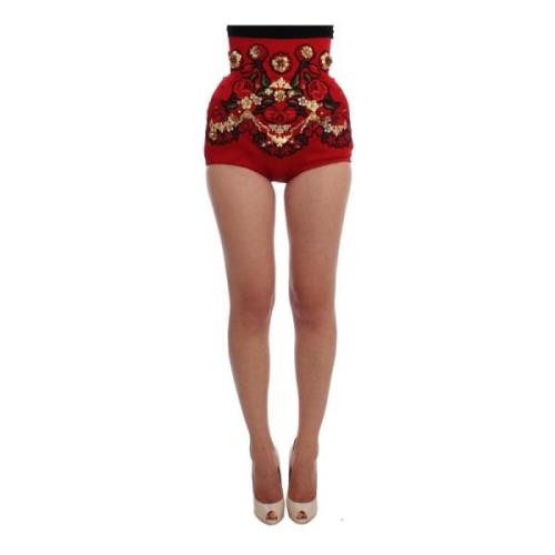 Dolce & Gabbana Kristallros Siden Shorts Red, Dam