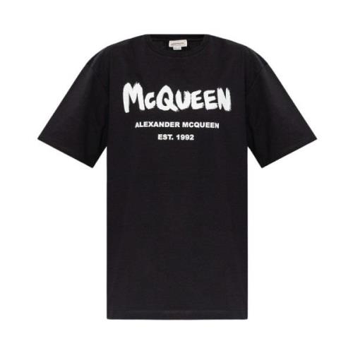 Alexander McQueen Logo Print Svart Bomull T-shirt Black, Dam