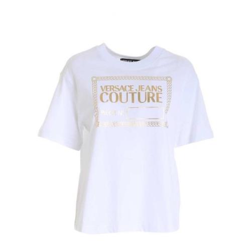 Versace Jeans Couture Vit Dam T-shirt - M, Klassisk Rund Hals med Guld...