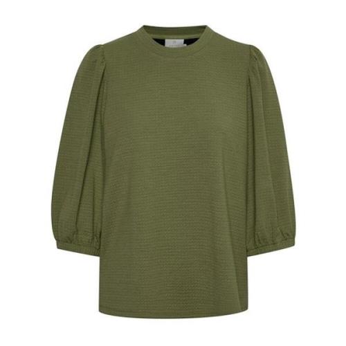 Kaffe Jersey Blus Top med ¾ Ärm och Rund Hals Green, Dam