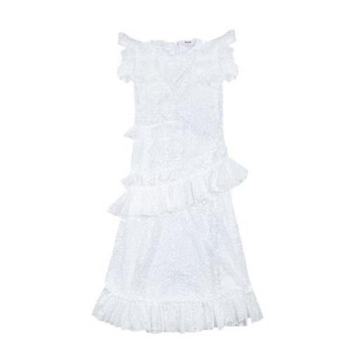Msgm Lång spetsklänning med asymmetriska ruffles White, Dam