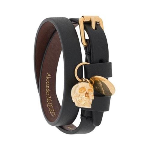 Alexander McQueen Svart Läder Dubbelinlindad Armband med Skull Charm B...