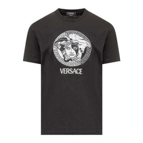 Versace Svart Crew Neck T-shirt med Broderad Medusa-logotyp Black, Her...