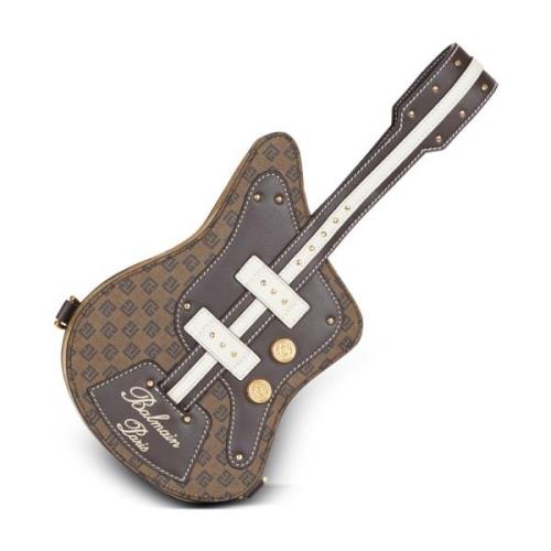Balmain Gitarrväska clutch med läder och monogramdetaljer. Brown, Dam