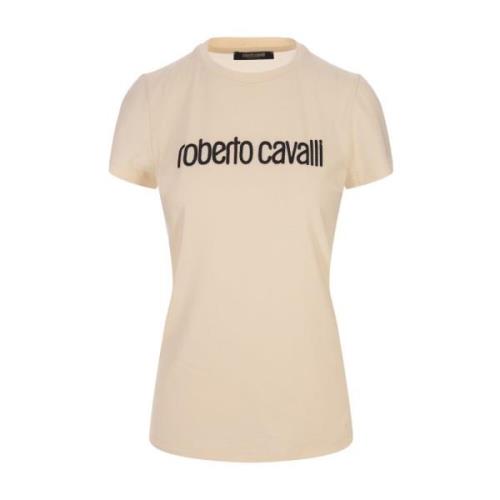 Roberto Cavalli Ivory Stretch Bomull T-shirt med Logobroderi White, Da...