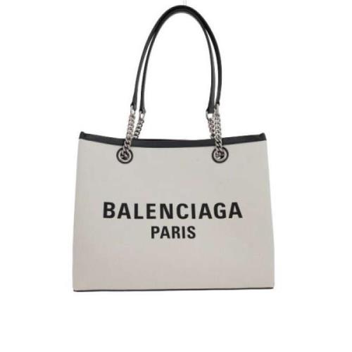 Balenciaga Canvas Toteväska med Läderkant och Logotryck Beige, Dam