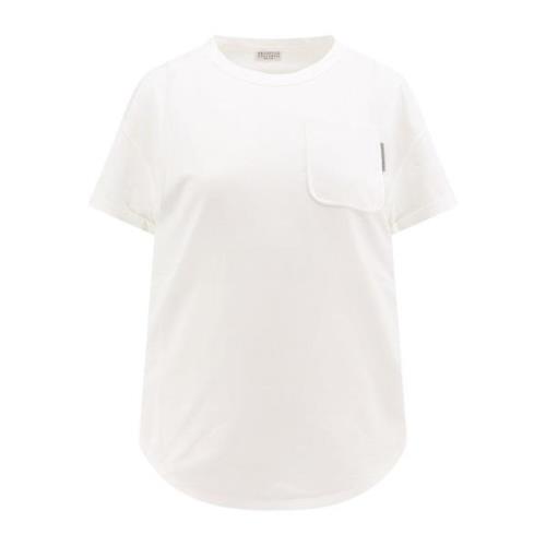 Brunello Cucinelli Vit Crew-Neck T-Shirt med Ficka White, Dam