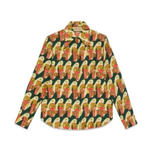 Gucci Grön silkes twill-skjorta med Gucci-tryck Green, Dam