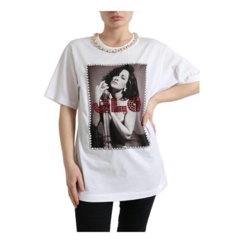 Dolce & Gabbana Kristallutsmyckad Tryckt T-shirt White, Dam