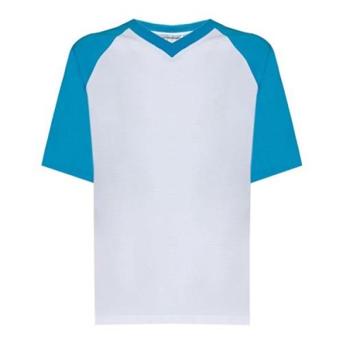 Victoria Beckham Vit Ribbad V-ringad T-shirt med Blå Ärmar White, Dam