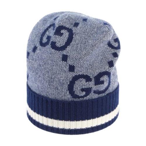 Gucci Blå Stickad Beanie med GG Mönster Blue, Herr