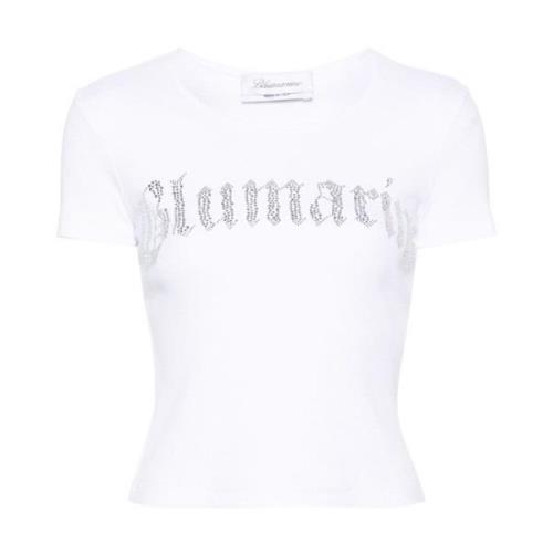 Blumarine Vit Ribbad T-shirt med Rhinestone-Logga White, Dam
