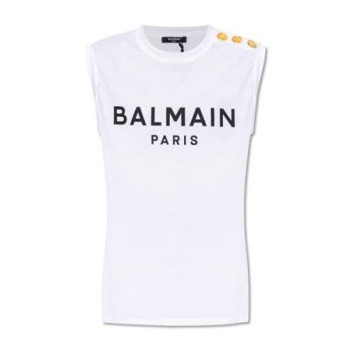 Balmain Ärmlös T-shirt med logotyp White, Dam