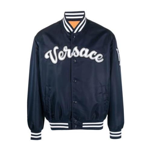 Versace Marinblå Logo Patch Bomberjacka Blue, Herr