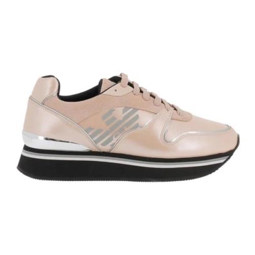 Emporio Armani Rosa Läder Sneakers med Mocka Insatser Pink, Dam