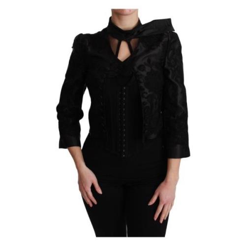 Dolce & Gabbana Svart Blommig Jacquard Sidenblazer Jacka Black, Dam